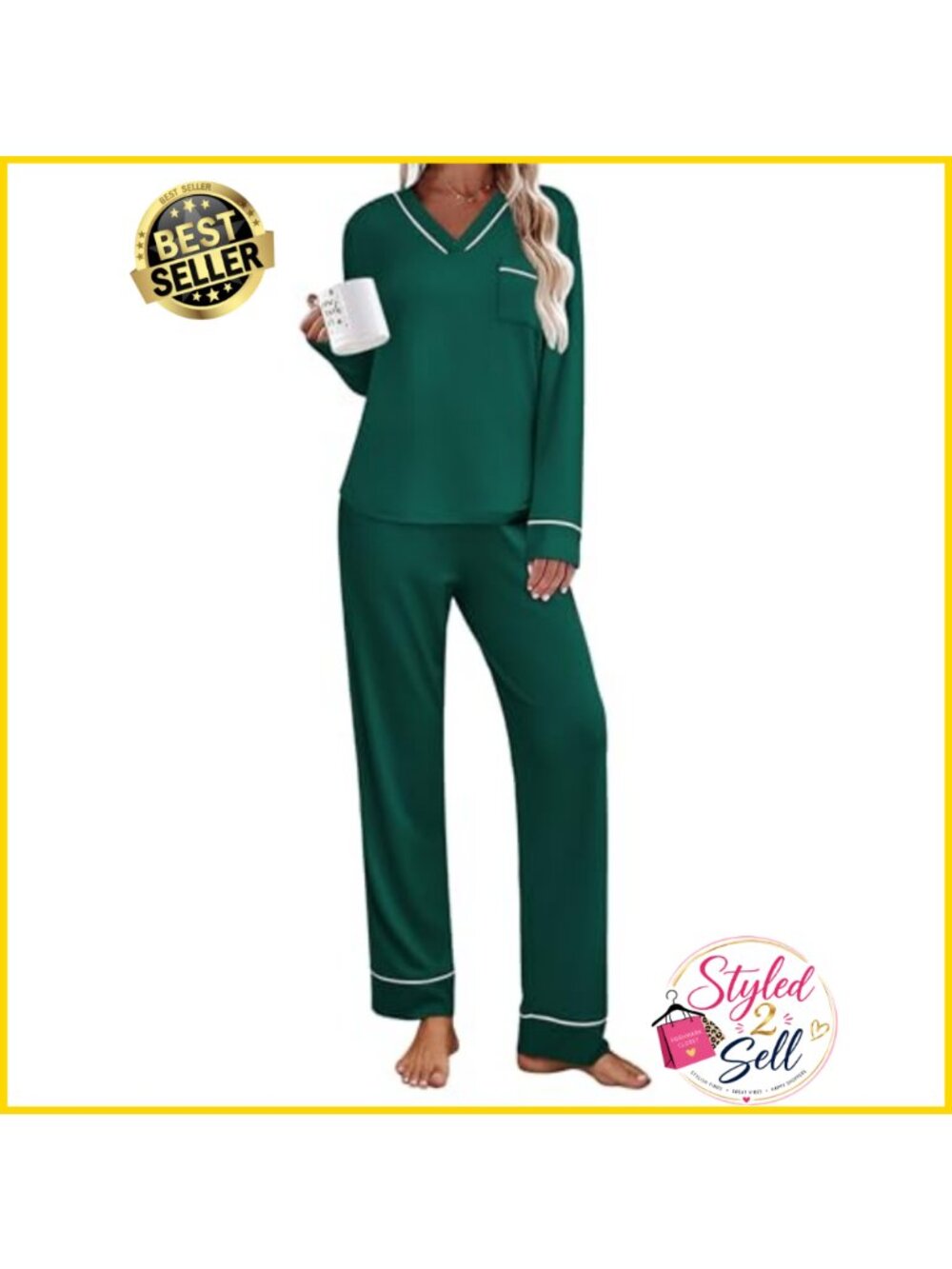 2 Piece Pajama Set Long Sleeve V-Neck Top & Elastic Waist Pants Sleepwear